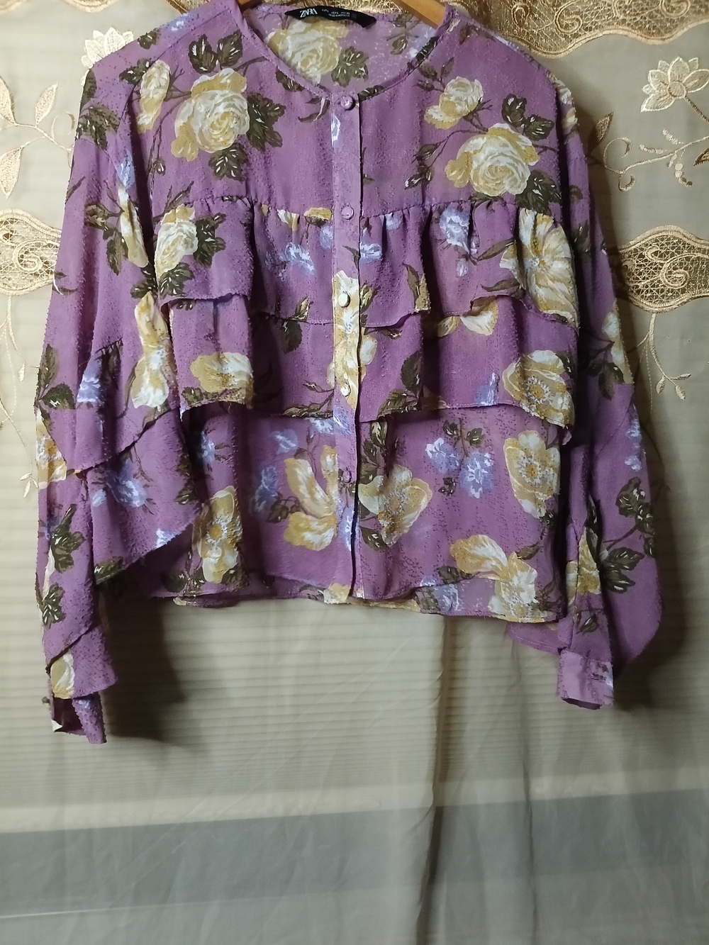ZARA Lavender Floral Ruffle Button-Front Blouse
